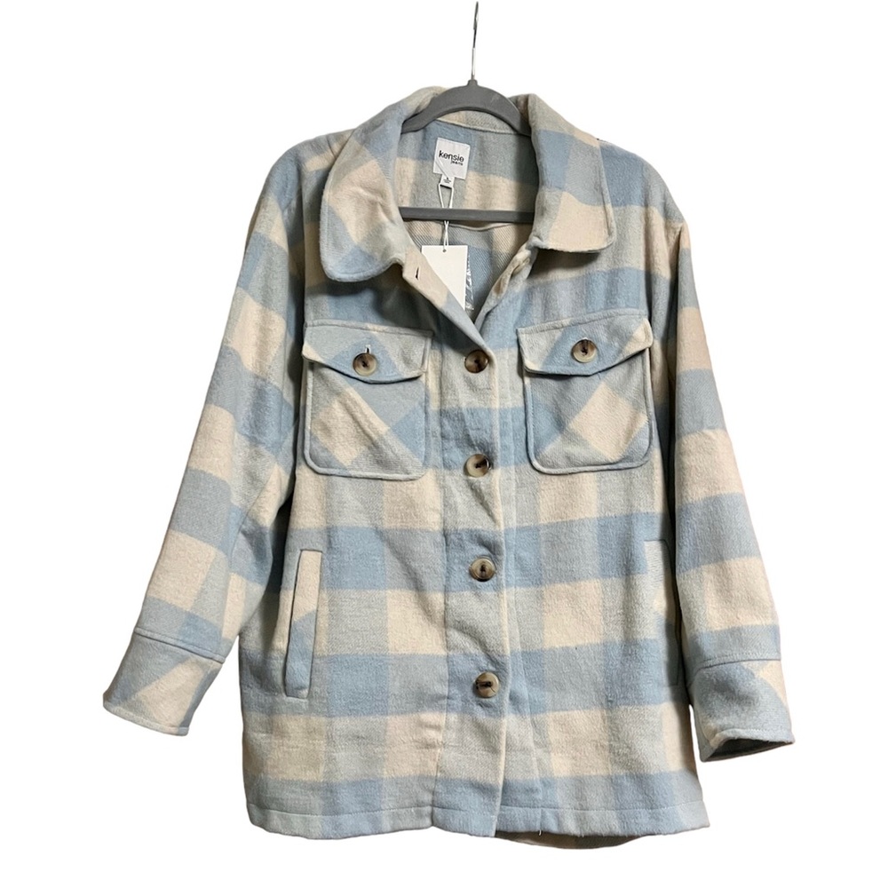Kensie Tan & light blue Plaid Soft Jacket Shacket size Large Brand New
